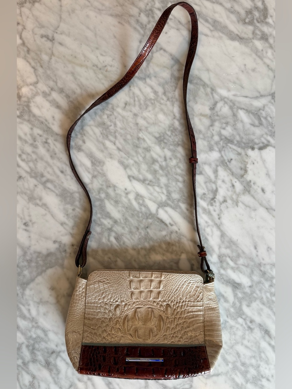 Brahmin Cream and Brown Croc-Embossed Crossbody Bag